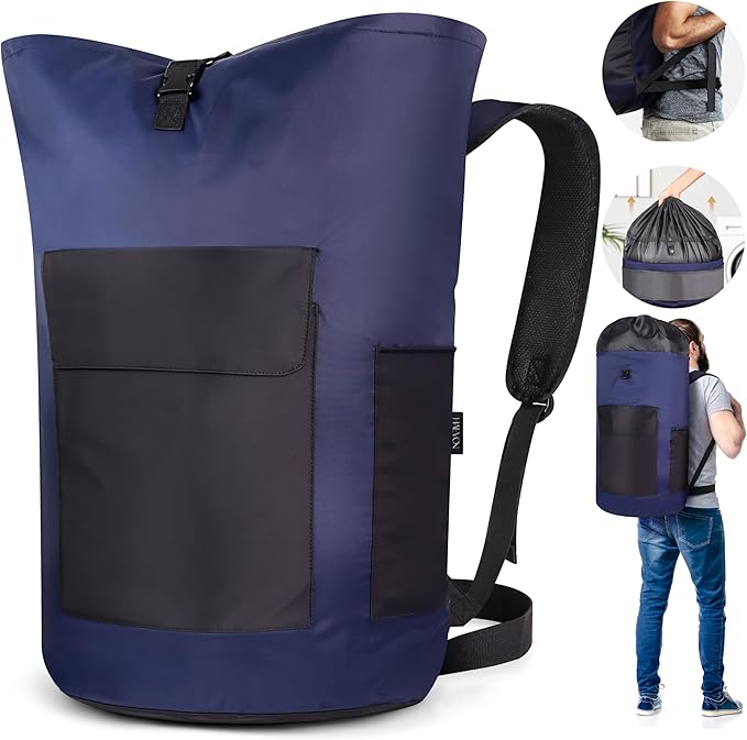 HAEVON Laundry Backpack - 131L Heavy Duty Laundry Bag with Padded Shoulder & Waist Straps, Removable Liner - College, Dorm, Apartment, Travel, Outdoor - Big Laundry Bag for Easy Carrying (Blue Black)