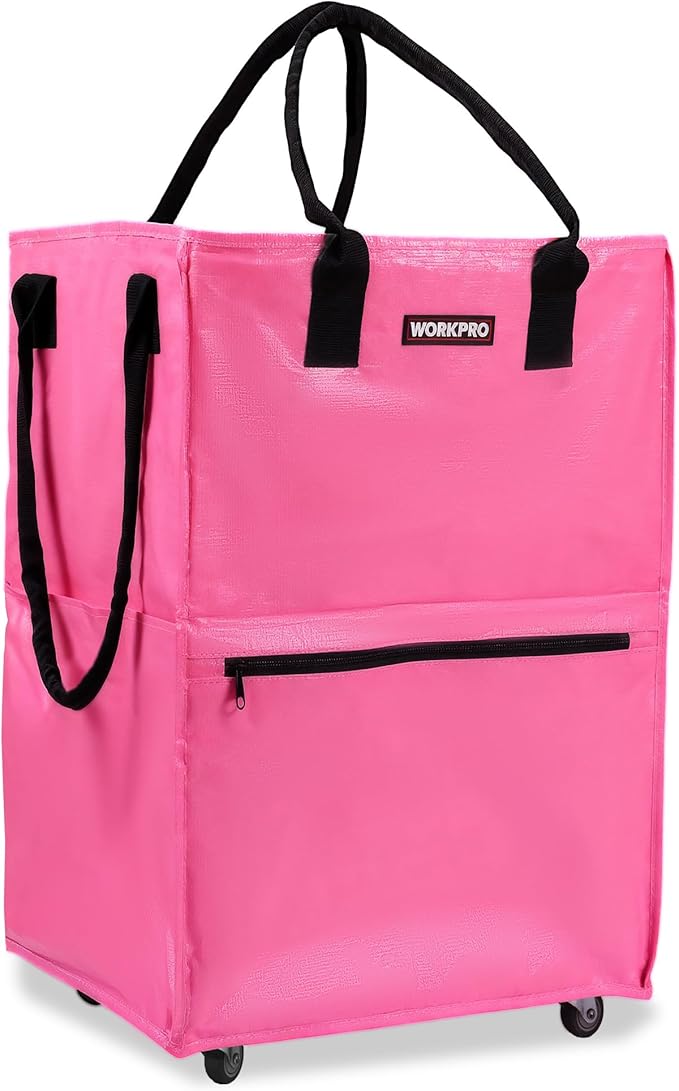WORKPRO Medium Reusable Grocery Bag on Wheels, Heavy Duty Rolling Shopping Tote with Handle, Folding Trolley on 4 Caster Wheels for Groceries, Laundry, Camping, Moving