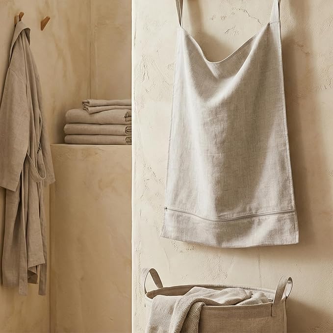 100% Linen Hanging Laundry Hamper Bag 20x27 Inch, Over the Door with 2 Buttons and Bottom Zipper Saving Space Wall Back organizers For Dirty Clothes Dorm Travel College Camp Sock Large Capacity,Linen