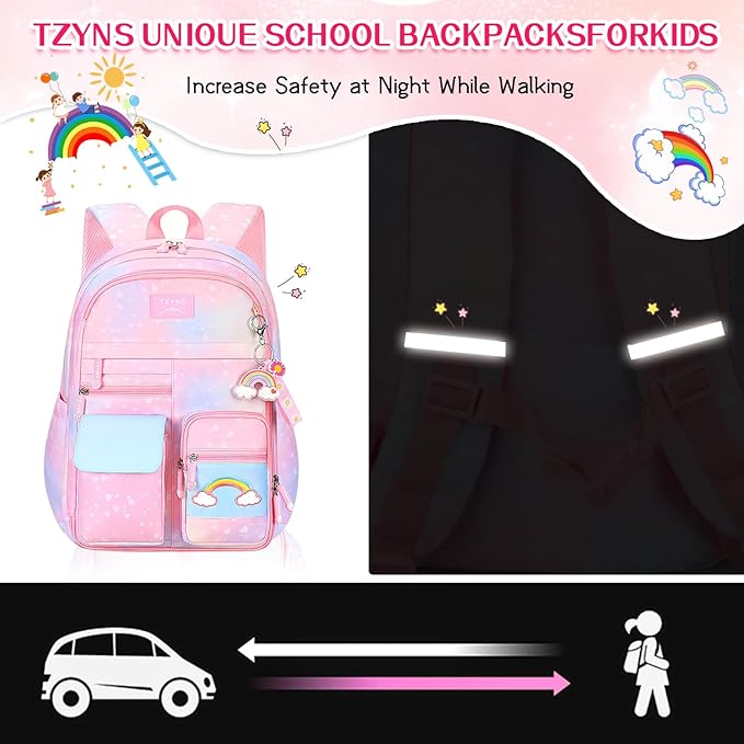 Starry Rainbow Backpack Kawaii School Students Backpack Cute Large Capacity Kids Bookbag Multifunction Fashion Casual Laptop Travel Bag For Boy Girl (Pink-17inch)