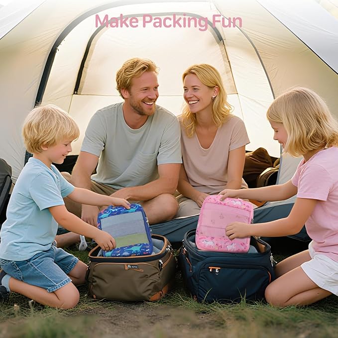 Kids Compression Packing Cubes, 4 Piece Set for Carry On Suitcase, Water Resistant Travel Luggage Organizers with Shoe Bag, Toddler Backpack Essentials (Pink Unicorn)