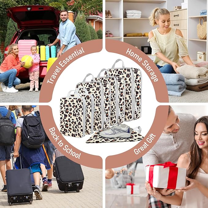 6 Set Compression Packing Cubes, Suitcase Organizer, Lightweight Travel Essentials, Compression Bags For Travel Accessories Luggage Storage Set (6Pcs, Brown Leopard)