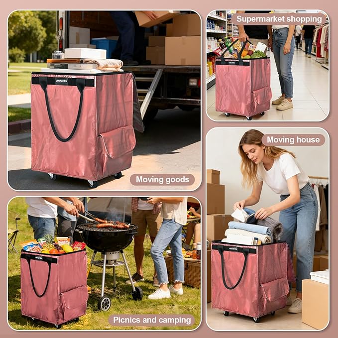 (Medium,Pink) Reusable Grocery Bag on 4 Wheels, Foldable Rolling Tote Bag with 3 Handles and Zipper, Storage Organizer for Groceries, Rolling Shopping Cart for Travel, 76lb
