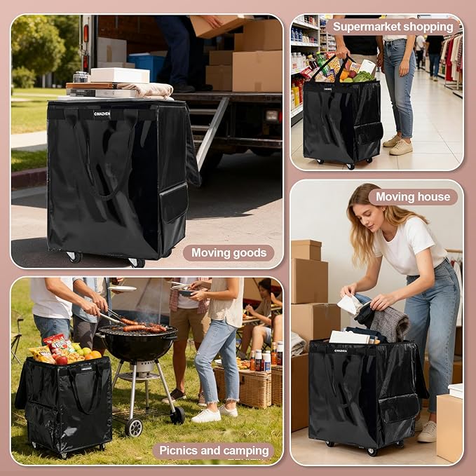 (Medium,Black) Reusable Grocery Bag on 4 Wheels, Foldable Rolling Tote Bag with 3 Handles and Zipper, Storage Organizer for Groceries, Rolling Shopping Cart for Travel, 76lb
