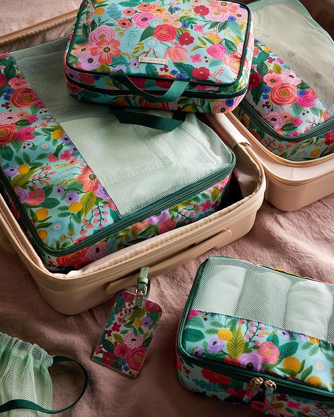 RIFLE PAPER CO. 3 Set Compression Packing Cubes with Zipper Pull & Laundry Bag | Organizer Travel Essentials for Luggage/Suitcase | Garden Party Pattern