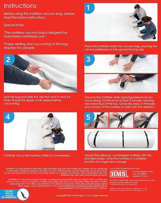 Hefty Shrink-Pak Mattress Bags for Moving - King/California King Size | Heavy Duty & Water Resistant Vacuum Compression Mattress Bag, Storage Protection Mattress Cover for Moving