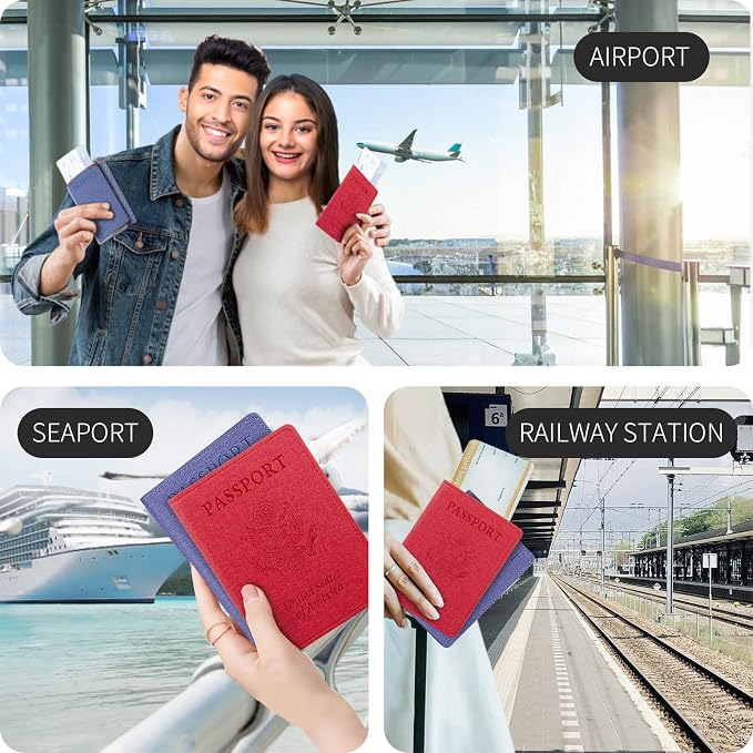 2 Pack Passport Holder For Women Kids, RFID Blocking Passport Wallet Red&Light purple - Image 5