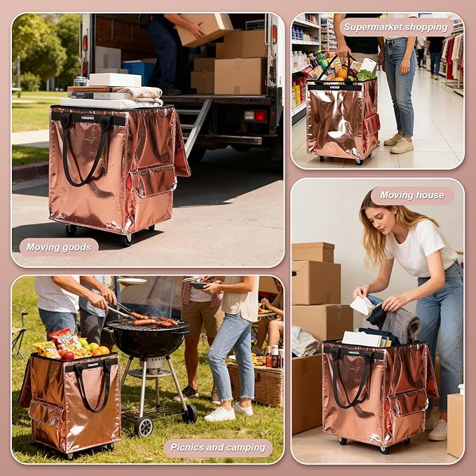 (Medium,Rose Gold) Reusable Grocery Bag on 4 Wheels, Foldable Rolling Tote Bag with 3 Handles and Zipper, Storage Organizer for Groceries, Rolling Shopping Cart for Travel, 76lb