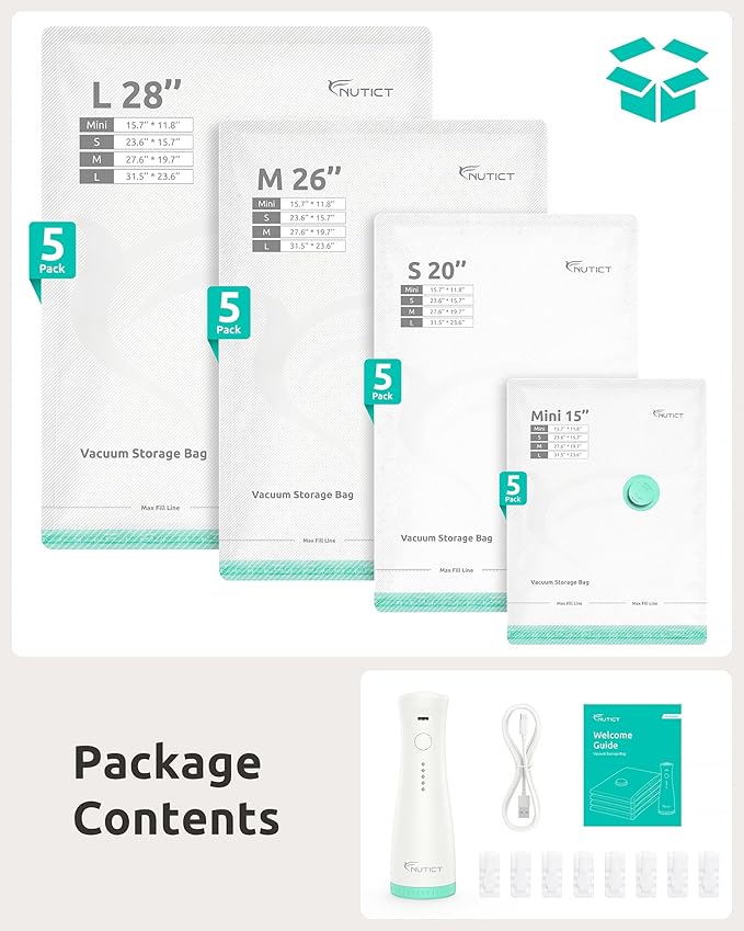 NUTICT 20-Pack Travel Vacuum Storage Bags, Rechargeable Electric Pump, Space Saver Compression Packing Bags for Luggage & Suitcase, Long-Term Reusable Seal Bag for Clothes, Bedding, Seasonal Storage