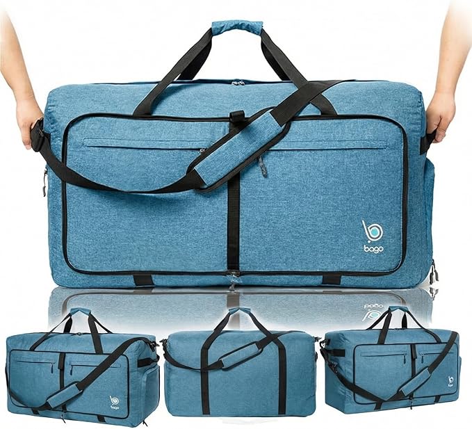 Bago Large Duffle Bag for Travel Women & Men. Durable Lightweight Foldable Travel Duffel Bags For Traveling Women. 100L Duffle Bags for Overnight Bag With Shoe Compartment Collapsible Weekender duffel