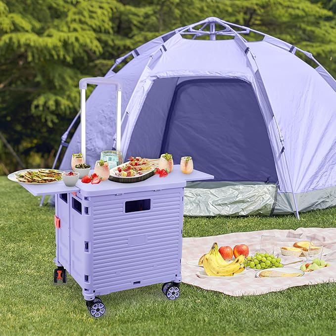 FELICON SELORSS Folding Utility Cart Portable Rolling Crate Handcart with Magnetic Sliding Lid Telescoping Handle Plastic Box Dolly 360°Swivel Wheels for Travel Shop Move Office Teacher(Purple Pro)