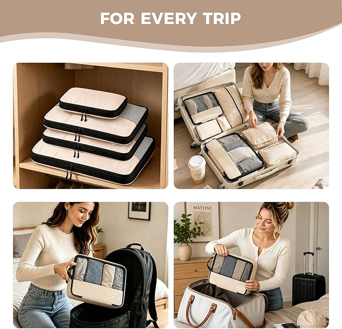 8-Piece Compression Packing Cubes for Travel, Ultralight Aesthetic Luggage Organizer Set, Space Saving Double Zipper Design for Carry-On & Suitcase Organizer, Travel Essentials- Beige