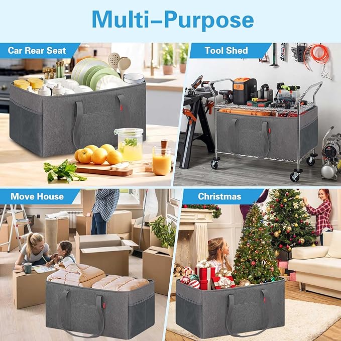LHZK 2 Pack Extra Large Utility Tote Bag with Metal Wire Frame and the Sides Rinforced, Extra Large Tote Bag with Handle, Reusable Grocery Bags Foldable, Beach Bag, Car Tote (Gray, 26''x15''x13'')