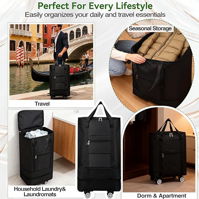 Coomee Laundry Bag Backpack with Wheels, 900D Oxford Fabric Foldable Rolling Travel Laundry Bags with Detachable Wheels & Straps, Waterproof for Laundromat, College Dorm, Apartment, Travel, Camping