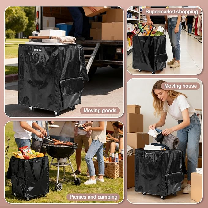(Small,Black) Reusable Grocery Bag on 4 Wheels, Foldable Rolling Tote Bag with 3 Handles and Zipper, Storage Organizer for Groceries, Rolling Shopping Cart for Travel, 66lb