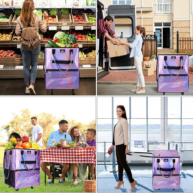 Large Reusable Grocery Bag On Wheels, 130L Large-Capacity Foldable Shopping Trolley, Lightweight with 5 Swivel Wheels, Multiple Pockets, Zippered Top & Heavy Duty Handles, for Shopping, Moving, Purple