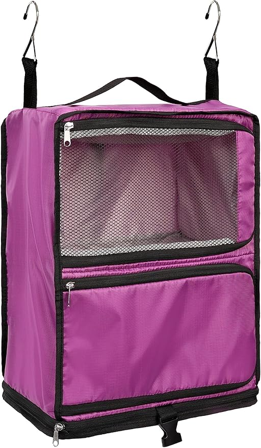 ELEZAY Hanging Packing Cubes Portable Closet 3-Shelf Travel Collapsible Compression Garment Organizer for Carry-on Luggage Suitcase Space Saver Bag X-Large_No Side Pockets, Purple