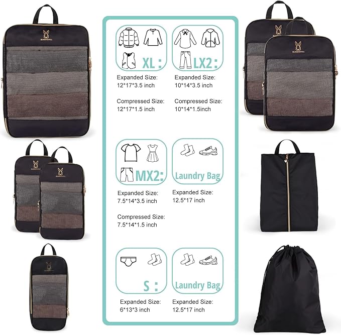 6/8 Sets Compression Packing Cubes for Travel, Bunnychill Portable Zipper Packing Cube for Cloting, Expandable Space Saver Storage Luggage Organizer Bags for Suitcases