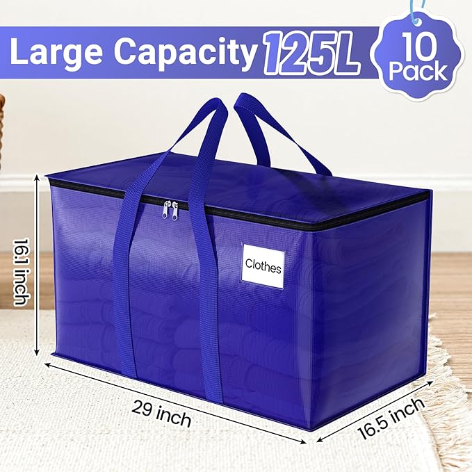 FabSpace 10Pack Moving Storage Bags, Moving Supplies Packing Boxes for Moving, Camping, College Dorm Room Essentials for Girls, Blue Tote Bags, 125L Heavy-Duty Storage Bins With Lids And Zippers