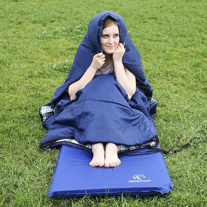 REDCAMP Flannel Sleeping Bag for Adults, Comfortable Cotton Envelope Sleeping Bags for Camping, Backpacking, Hiking, with Detachable Hood&Compression Sack, Blue/Red/Grey/Black