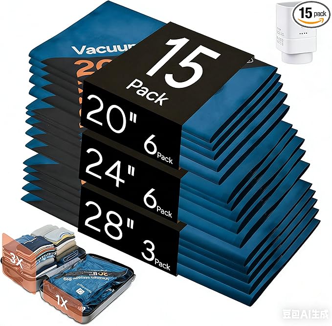 Vacuum Bags for Travel with Electric Pump, 15 Pack, Oxford Fabric, Airtight Space Saver Compression Bags for Clothes, Luggage and Suitcase, 6S 6M 3L