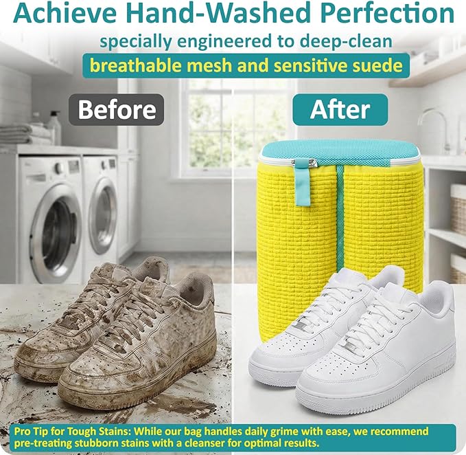 Upgraded Dual Compartment Shoe Washing Machine Bag, 420g Heavy-Duty Sneaker Laundry Bags with Clasp-Lock Zipper, Thick Chenille & Reinforced Seams for Maximum Protection, Yellow/Blue, 2-Pack