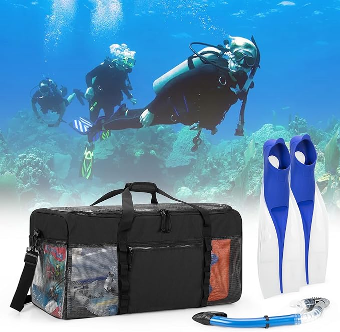 Fasrom XL Mesh Dive Duffel Bag for Scuba Diving Gear, Oversized Sport Duffle Bag for Snorkeling, Swimming, Beach and Gym Items, Black (Empty Bag Only)