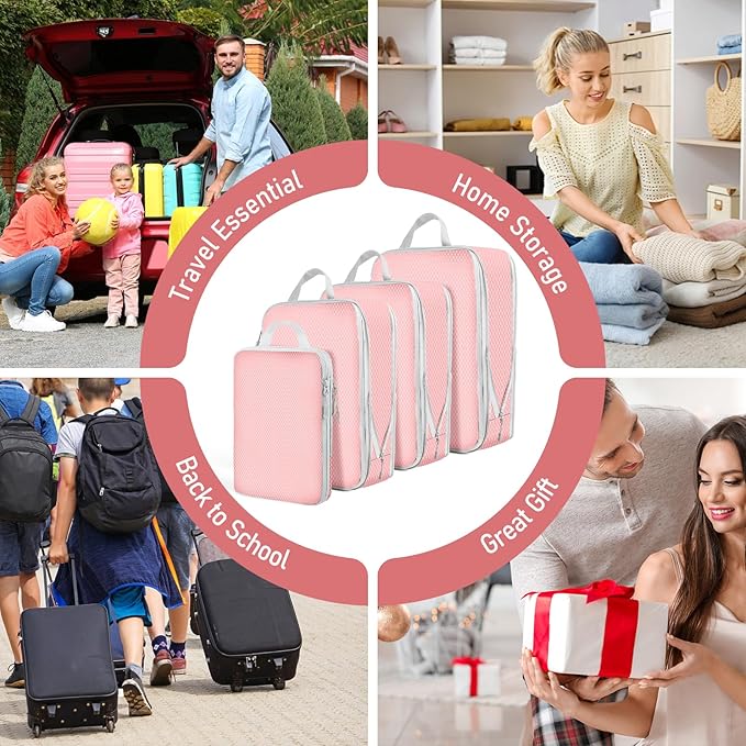 4 Set Packing Cubes For Travel Essentials, Luggage Packing Organization Cubes Suitcase Organizer Bags Set For Luggage Travel Packing Cubes For Suitcases Durable (4 Pcs, Pink)