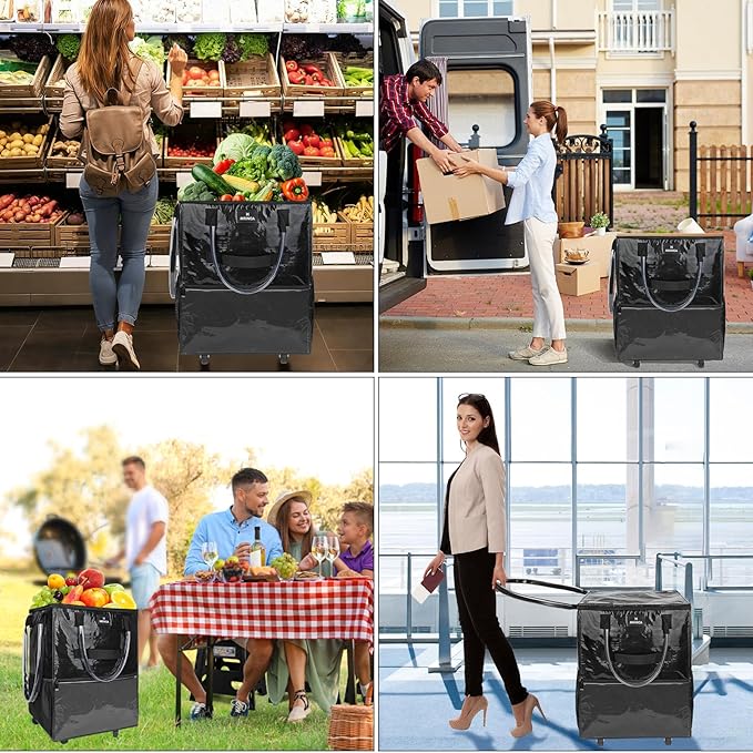 Reusable Grocery Bag On Wheels, Foldable Shopping Rolling Tote Bag with 6 Pockets, Shopping Trolley Cart with Zippered Top & 3-Way Handles, Heavy Duty, Lightweight for Moving, Camping, Small, Black