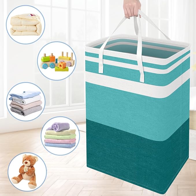 BlissTotes 3-Pack Laundry Basket, Freestanding&Waterproof Laundry Hamper, Collapsible Tall Clothes Hamper with Easy Carry Handles for Clothes, Towels in the Family and Dorm,Gradient Green,88L