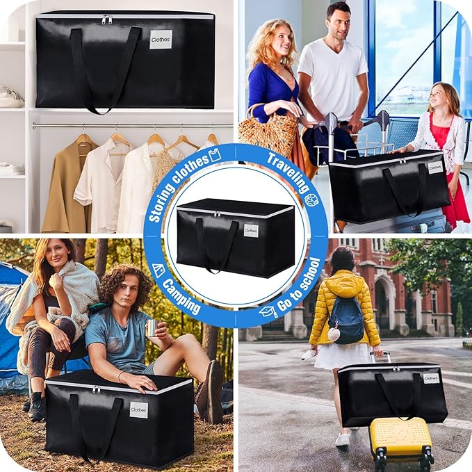 BlissTotes Moving Bags, Heavy Duty Moving Boxes with Zippers Top and Sturdy Handles, Storage Bags for Space Saving and Packing, Collapsible Moving Supplies, Storage Totes (93L, 4-Pack, Black)