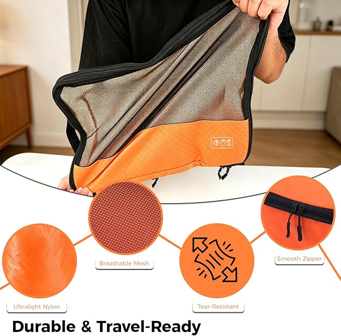 8-Piece Compression Packing Cubes for Travel, Bright & Lightweight Luggage Organizer System for Outdoor Travel & Adventure, Space Save for Backpack, Duffel Bag & Suitcase- Orange
