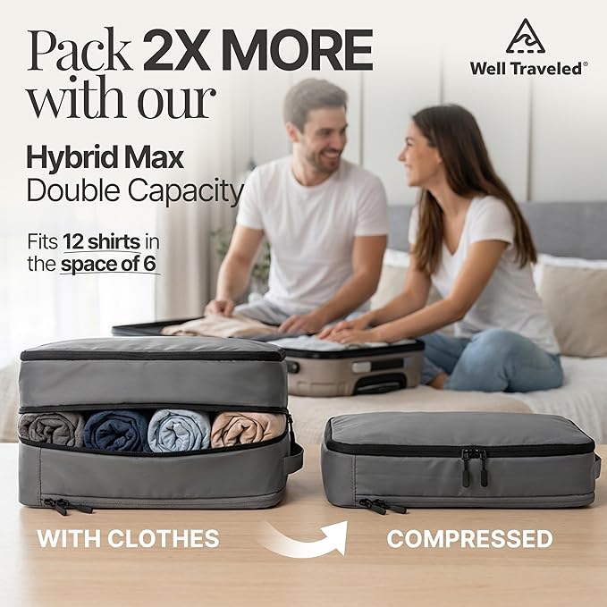 4-Piece Luxury Compression Packing Cubes & Bags for Travel – Maximize Space in Luggage with HybridMax Double-Capacity Design, 50 Luggage Tags, Patented Suitcase Organizer Bags, Lifetime Satisfaction