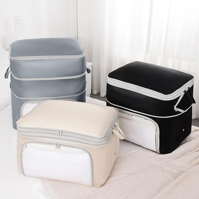 Comforter Storage Bag - 130L Blanket Storage Bags Front-opening Ultra Space Saving Self Compression Organizer, Washable Compression Bags for Storage Comforter Blanket, 2 Pack, Beige