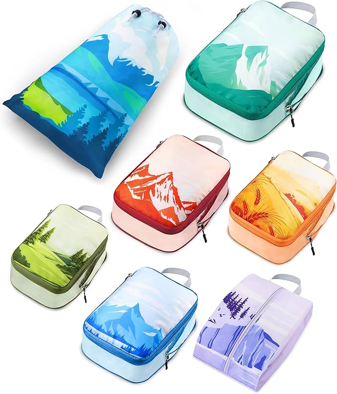7-Piece Compression Packing Cubes for Travel, Patterned Expandable Luggage Organizer Bags with Double Zipper & Mesh Panel, Shoe Bag & Drawstring Bag for Carry-On, Vacation, Camping
