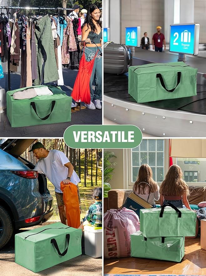 WORKPRO 4 Pack Extra Large Moving Bags with Zippers & Carrying Handles Backpack Straps, Heavy-Duty Storage Tote for Space Saving & Storage, Alternative to Moving Box (Green)