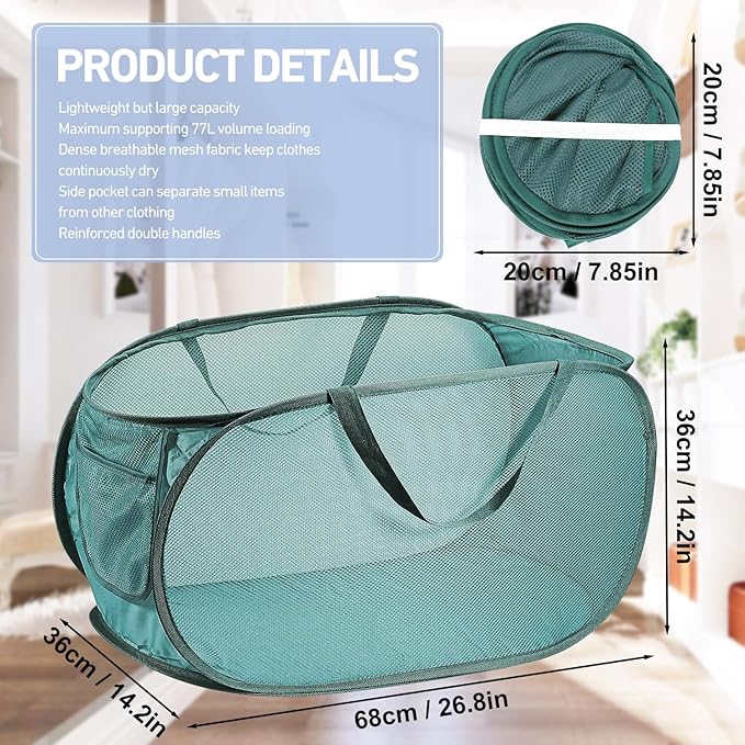 2PCS Mesh Laundry Hamper,Collapsible Laundry Baskets,75L Large Foldable Dirty Laundry Clothes Hamper Storage Basket Horizontal with Side Pocket&carry Handle for Home Travel grey Emerald