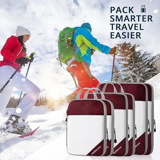 NICOSHOW 6 Set Compression Packing Cubes for Travel - Compressible, Lightweight, and Space-Saving Packing Cubes, Travel Essentials for Women, Wine