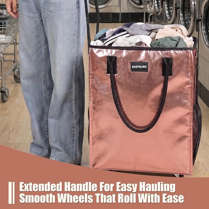 Reusable Hauler Rolling Tote Bag, Collapsible Portable Shopping Bag with Wheels for Groceries, Apartments Laundry, Organization,Heavy Duty Utility Tote Bag for Travel Moving, 75lbs, Rose Gold