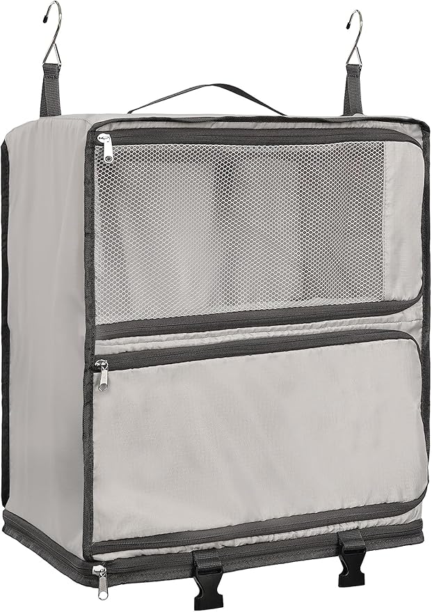 ELEZAY Hanging Packing Cubes Portable Closet 3-Shelf Travel Collapsible Compression Garment Organizer for Carry-on Luggage Suitcase Space Saver Bag XX-Large_No Side Pockets, Lightgrey