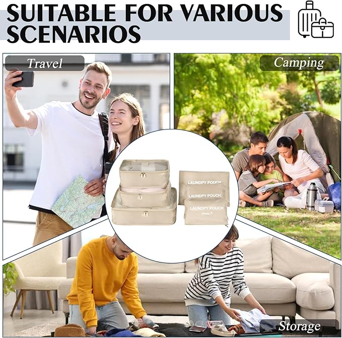 6 Set Packing Cubes for Travel Luggage Packing Bags Reusable Waterproof Suitcase Organizer Bags Set with Shoe Bag and Toiletry Bag (Beige)