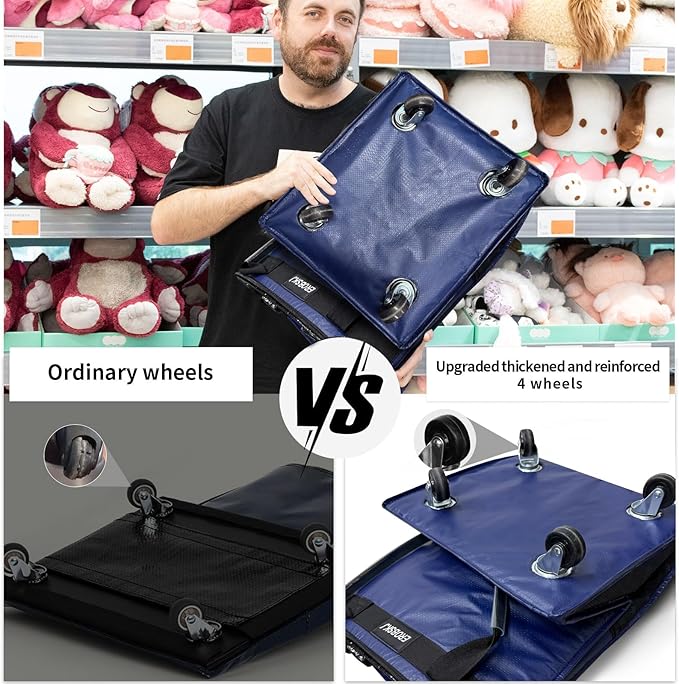 (Medium, Navy) Reusable Grocery Bag on Wheels, 70L Foldable Rolling Tote, Carries Up to 66 lbs Shopping Trolley, Zipper Clouser Shopping Carts for Trips, Laundry, 4 Heavy Duty Wheels and 3 Handles | Bag on Wheels, Foldable