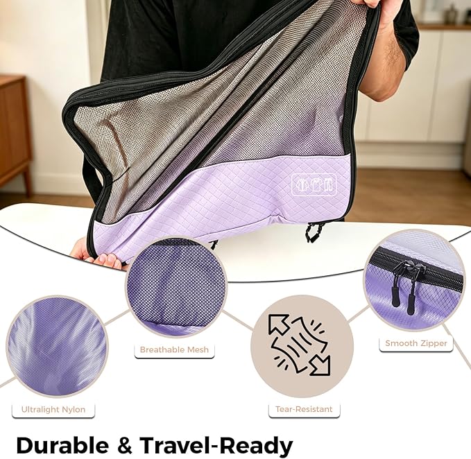 8-Piece Compression Packing Cubes for Travel, Elegant Ultralight Luggage Organizer Set for Women, Space Saving for Carry-On, Suitcase & Vacation Cruise Travel - Purple
