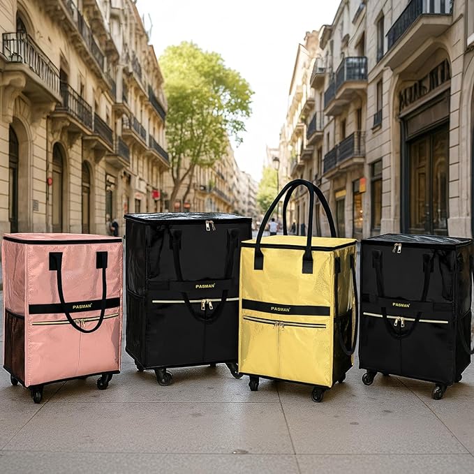 Reusable Grocery Bag on 5 Wheels, Foldable Rolling Tote Bag with Handle and Zipper Cover, 4 Pockets, Heavy Duty Shopping Cart for Laundry, Market & Travel (Gold 67L)