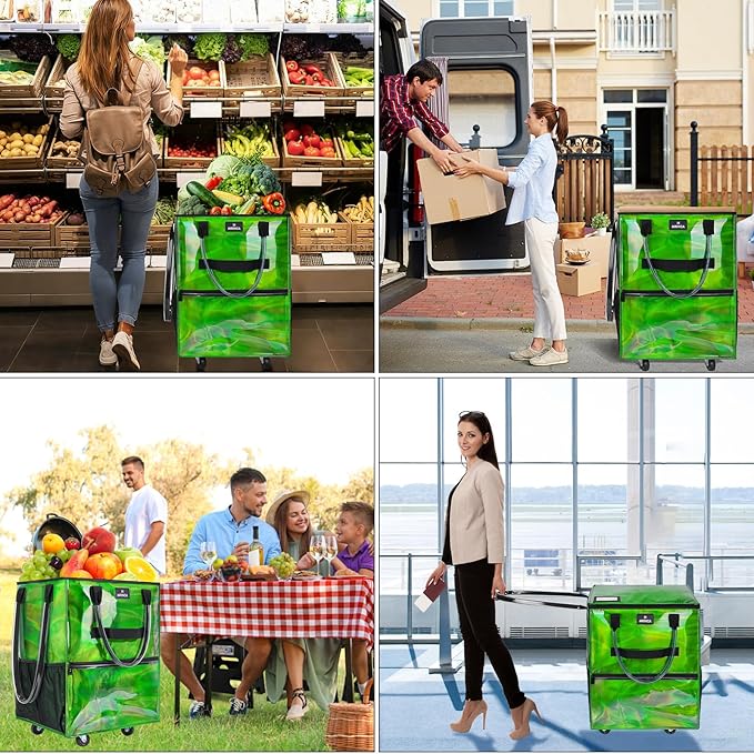 Reusable Grocery Bag On Wheels, 70L Foldable Shopping Cart with Multiple Pockets & 3-Way Carry System, Zippered Top, Heavy Duty Handles for Groceries, Camping, Moving, Medium, Gradient Green