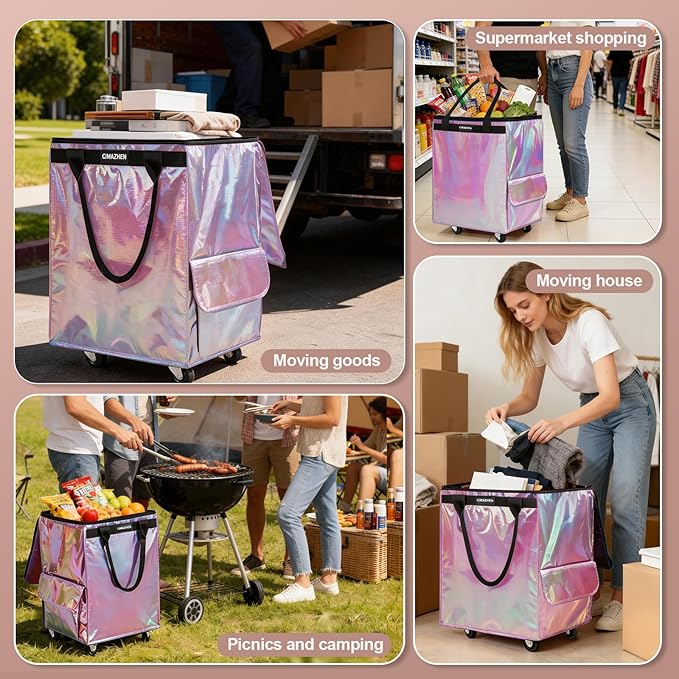 (Medium,Mermaid) Reusable Grocery Bag on 4 Wheels, Foldable Rolling Tote Bag with 3 Handles and Zipper, Storage Organizer for Groceries, Rolling Shopping Cart for Travel, 76lb