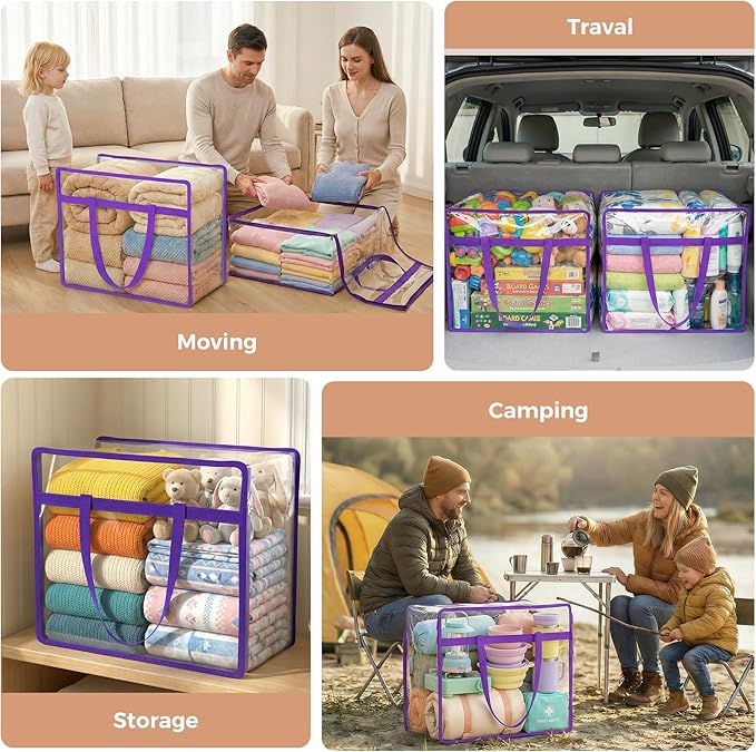 4 Pack Clear Zippered Storage Bags for Clothes, Closet Organizers and Storage Vinyl Bag for Bedding, Linen, Blankets, Comforters, Clothes & Toys Multi Purpose & Space Saver PVC Organizers