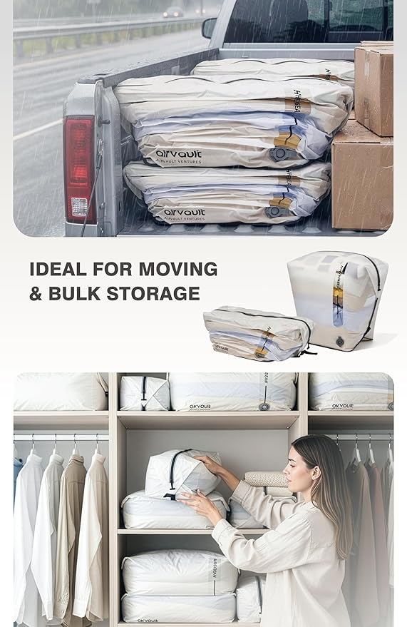 AirVault Premium Reusable Vacuum Seal Storage Bag for Carry On Suitcases & Backpack, Space Saver Airline Travel Vacpack, Pump Included (80L Tapered Duffle, 3-Pack)