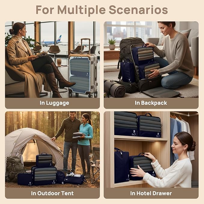 7 Set Compression Packing Cubes for Travel, Luggage Organizer Bags for Suitcases with Mesh Panels, Shoe Bag & Toiletry Bag for Carry On, Vacation & Cruise Essentials (Navy Blue)