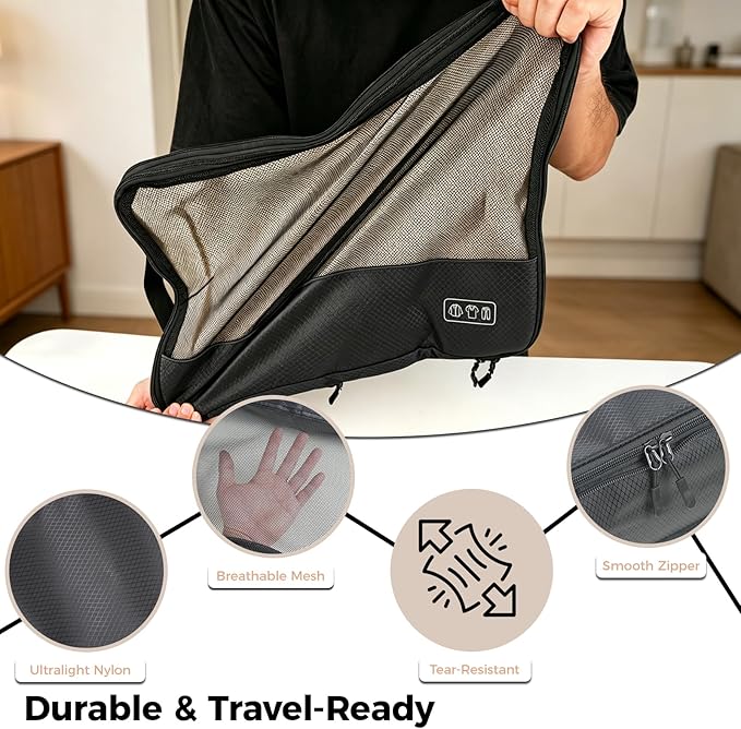 8-Piece Compression Packing Cubes for Travel, Ultralight Sleek Luggage Organizer Set for Business Trips & Frequent Travelers, Space Saving for Carry-On & Suitcase - Black